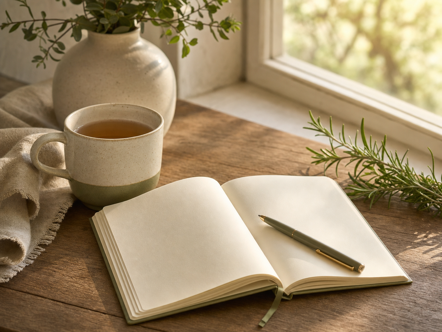 Morning tea and open journal by a window with soft light