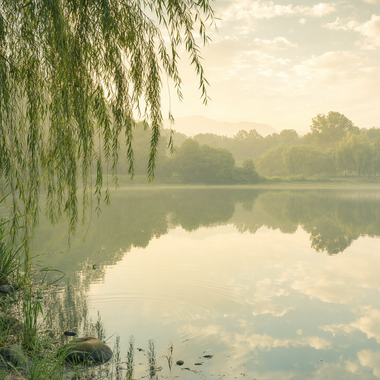 Still water reflecting willow branches and sky