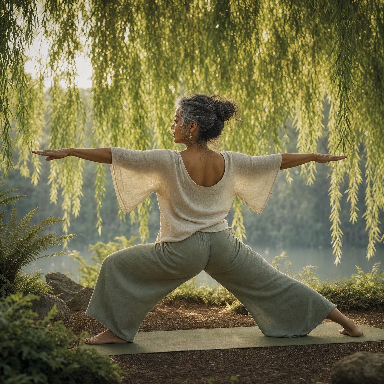 Woman in warrior yoga pose under weeping willow branches in morning light